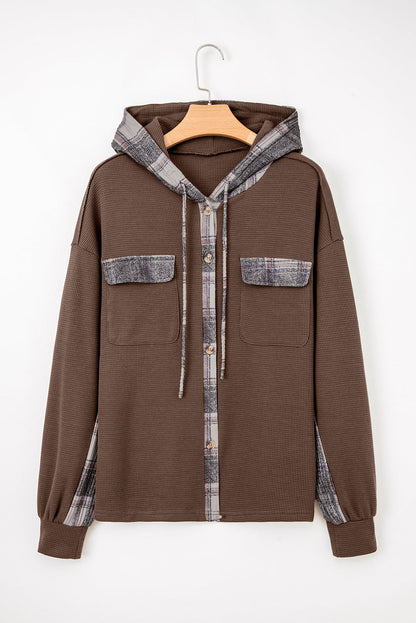 Plaid Patchwork Button-Up Drawstring Hooded Shacket
