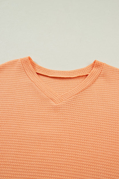 Solid Waffle Knit V-Neck Short Sleeve Top