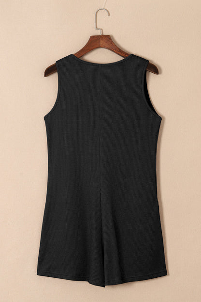 Solid Waffle Buttoned Scoop Neck Sleeveless Romper