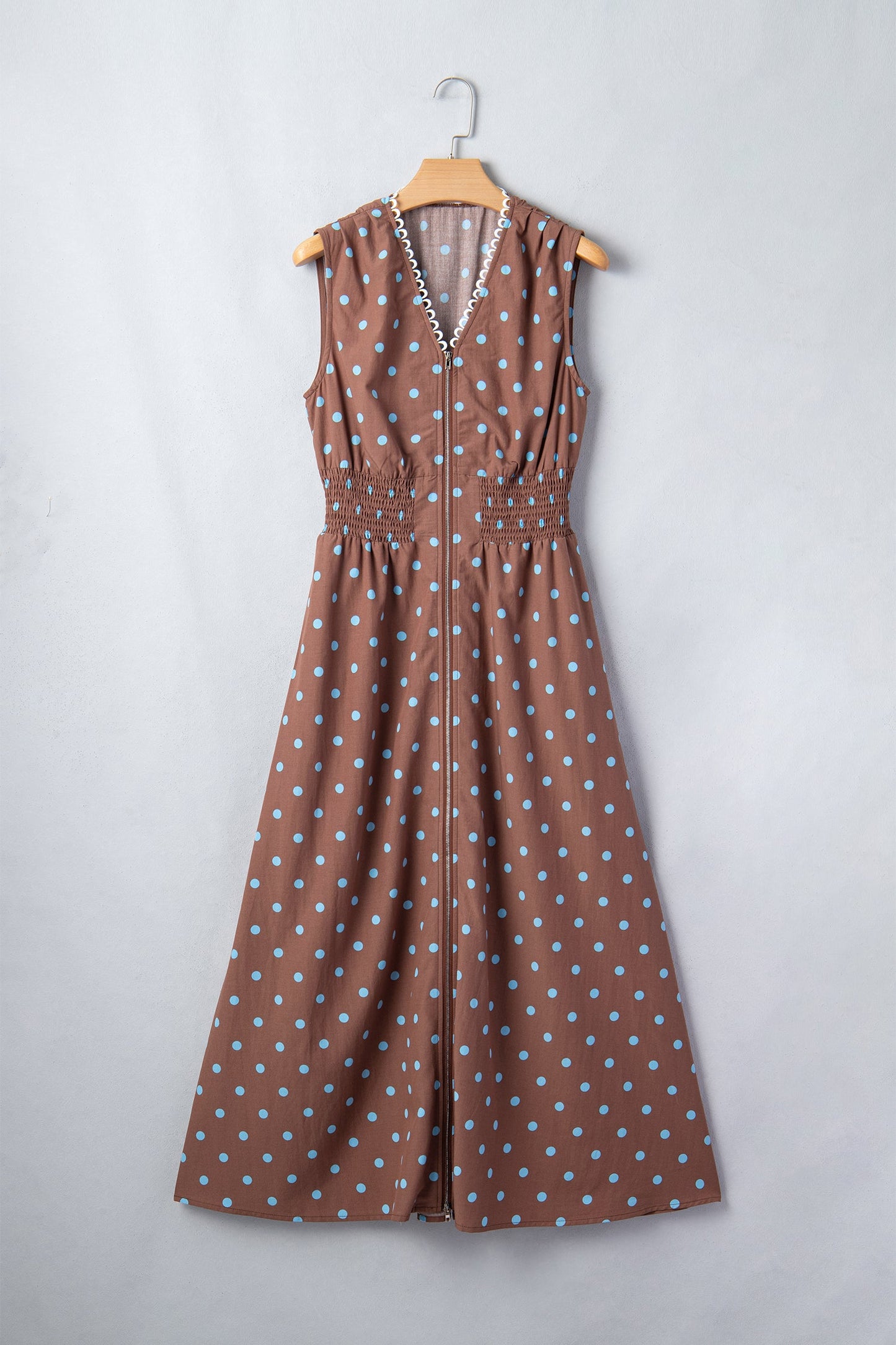 Polka Dot Zip Up V-Neck Sleeveless Dress