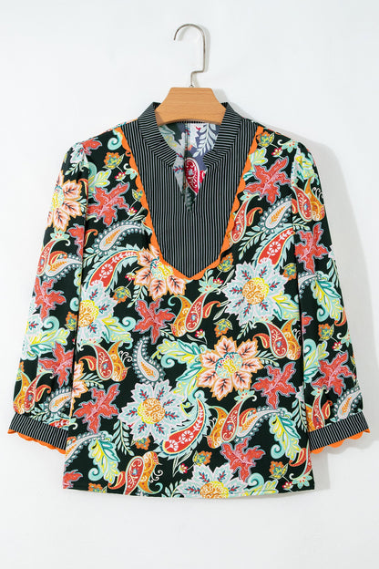 Floral Stripe Patchwork Ricrac Trim Blouse