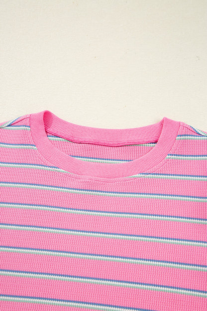 Stripe Textured Knit Round Neck Long Sleeve Top