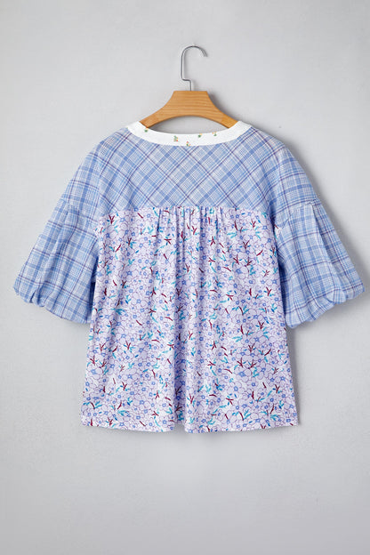 Colorblock Plaid Patchwork Bubble Sleeve Blouse
