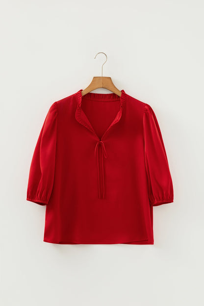 Solid Frilled Bow Tie V-Neck 3/4 Sleeve Blouse