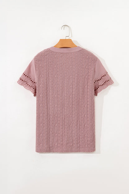 Eyelet Textured Half-Button Short Sleeve Blouse