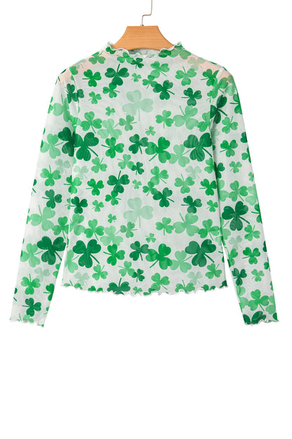St Patrick Shamrock Lettuce Trim Mock Neck Top