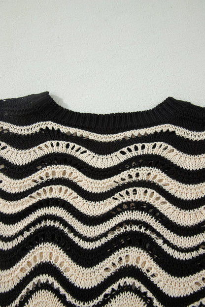 Wavy Stripe Ruffle 3/4 Sleeve Crochet Sweater