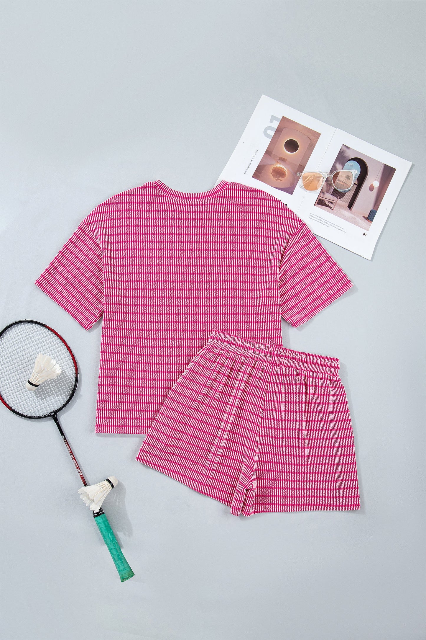 Stripe Ribbed Loose Tee & Drawstring Short Set