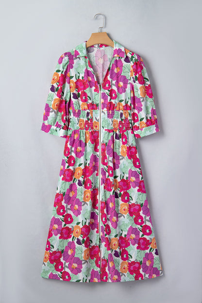 Floral Zip-Up V-Neck Short Puff Sleeve Dress