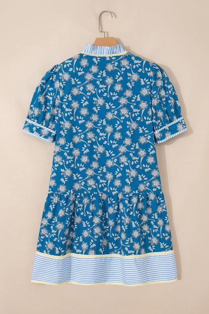 Floral Ruffle Stripe Trim Short Sleeve Buttoned Dress