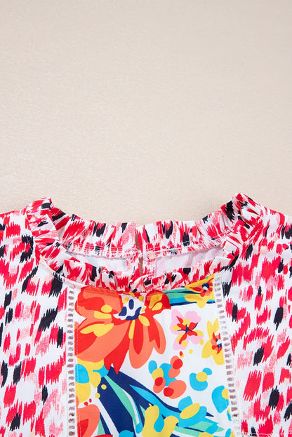 Floral Patchwork Ruffle Cap Sleeve Blouse