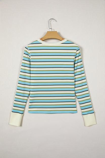 Stripe Round Neck Ribbed Knit Long Sleeve Top