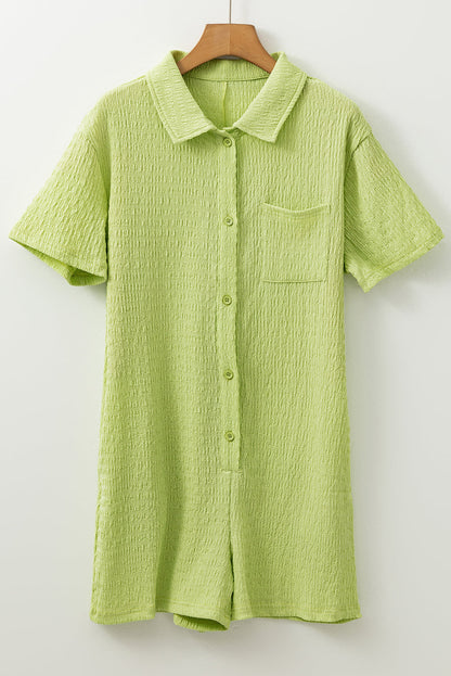 Textured Short Sleeve Patch Pocket Buttoned Romper