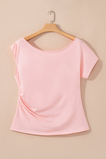 Plus Size Solid Asymmetric Neck Short Sleeve Blouse