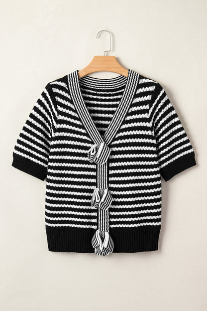 Stripe Bow Tie V-Neck Short Sleeve Sweater