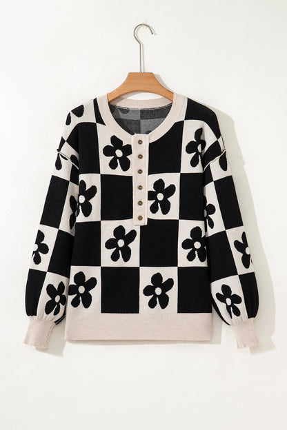 Flower Checker Henley Baggy Sweater