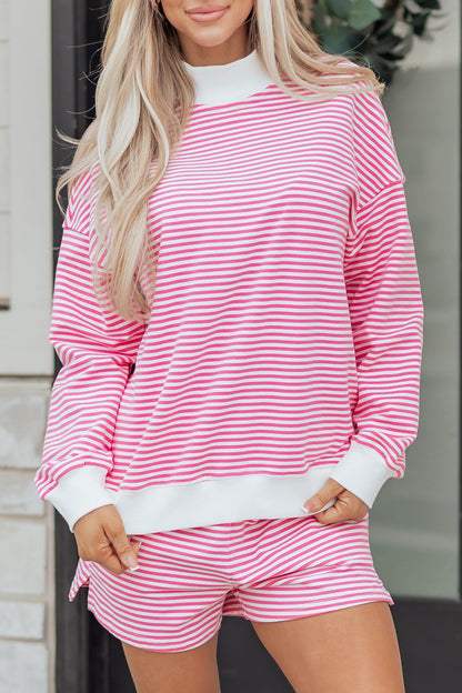 Stripe Oversize Mock Neck Sweatshirt & Shorts Set