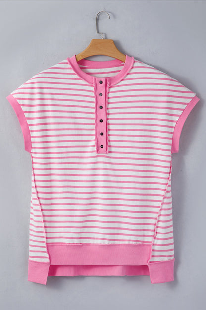 Stripe Half Placket High Low Short Sleeve Top