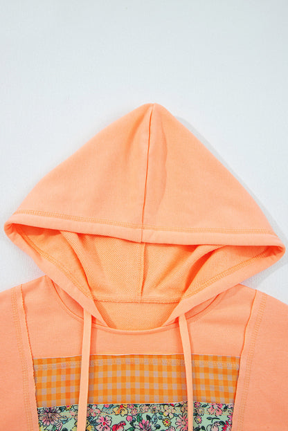 Plaid Floral Patchwork Kangaroo Pocket Hooded Top