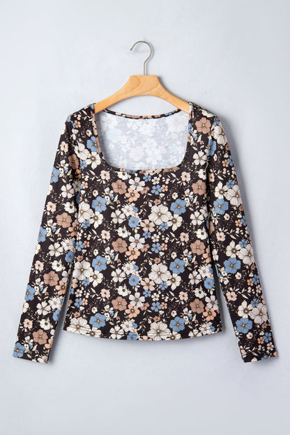 Leopard & Floral Square Neck Long Sleeve T-Shirt