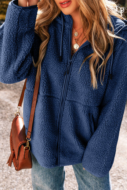 Solid Fleece Zip-Up Drawstring Pocketed Hooded Jacket