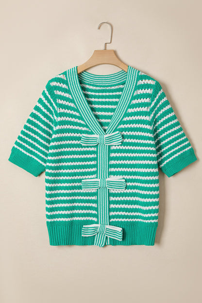 Stripe Bow Tie V-Neck Short Sleeve Sweater