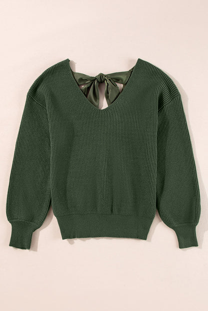 Bow Back Lantern Sleeve V-Neck Sweater