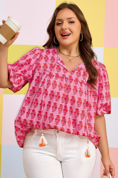 Plus Size Floral Tassel Tie Puff Sleeve Blouse