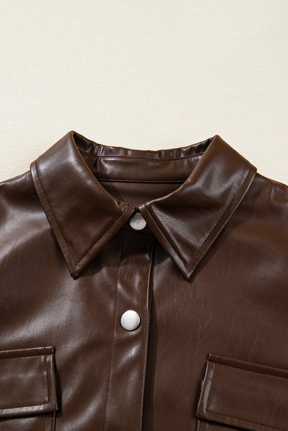 Leather Drawstring Hem Pocketed Jacket