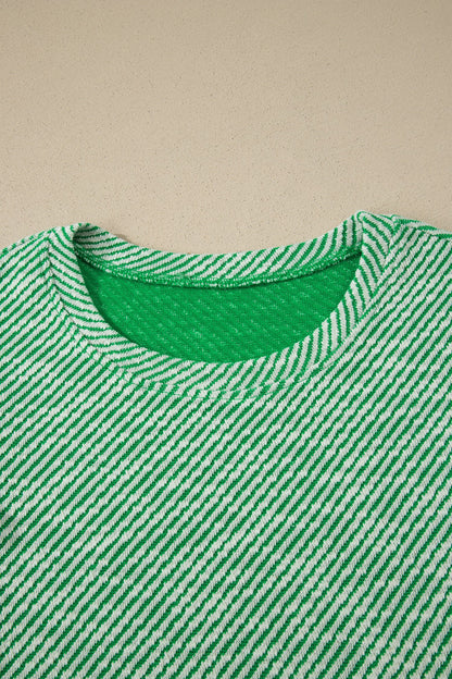 Stripe Twill Ruffle Lace Short Sleeve Blouse