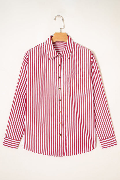 Stripe Patch Pocket Side Slit Buttoned Shirt