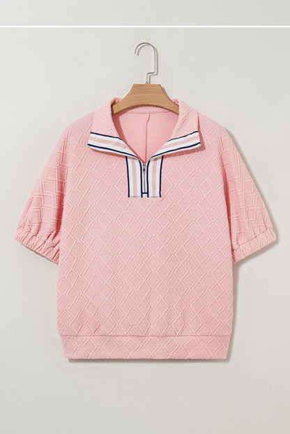Contrast Stripe Textured Short Sleeve Blouse