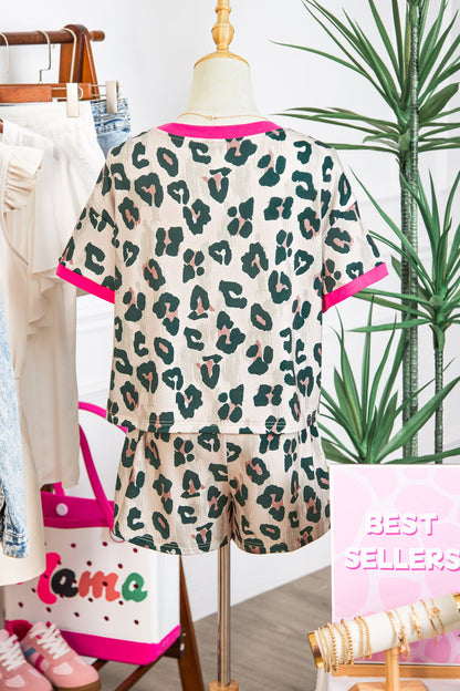 Leopard Contrast Trim Top & High Waist Shorts Set