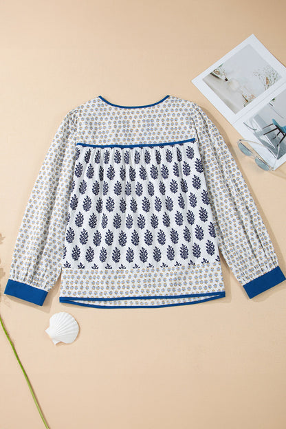 Plus Size Boho Floral Patchwork Puff Sleeve Blouse