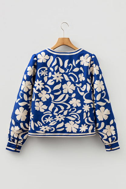 Floral Open Front Buttoned Cuff Jacket