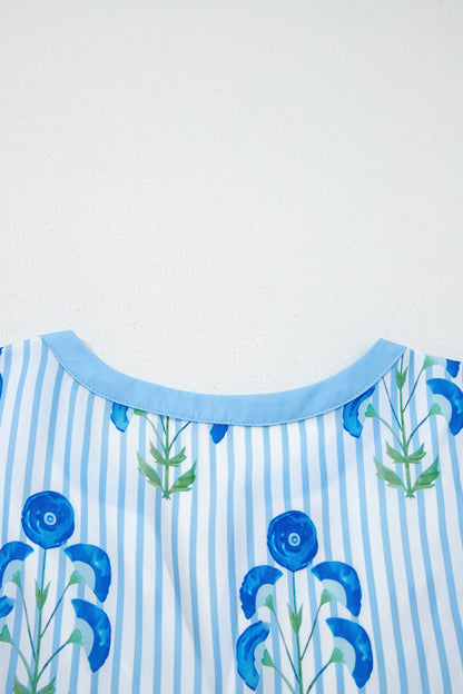 Floral Stripe Tie Notch Puff Sleeve Dress
