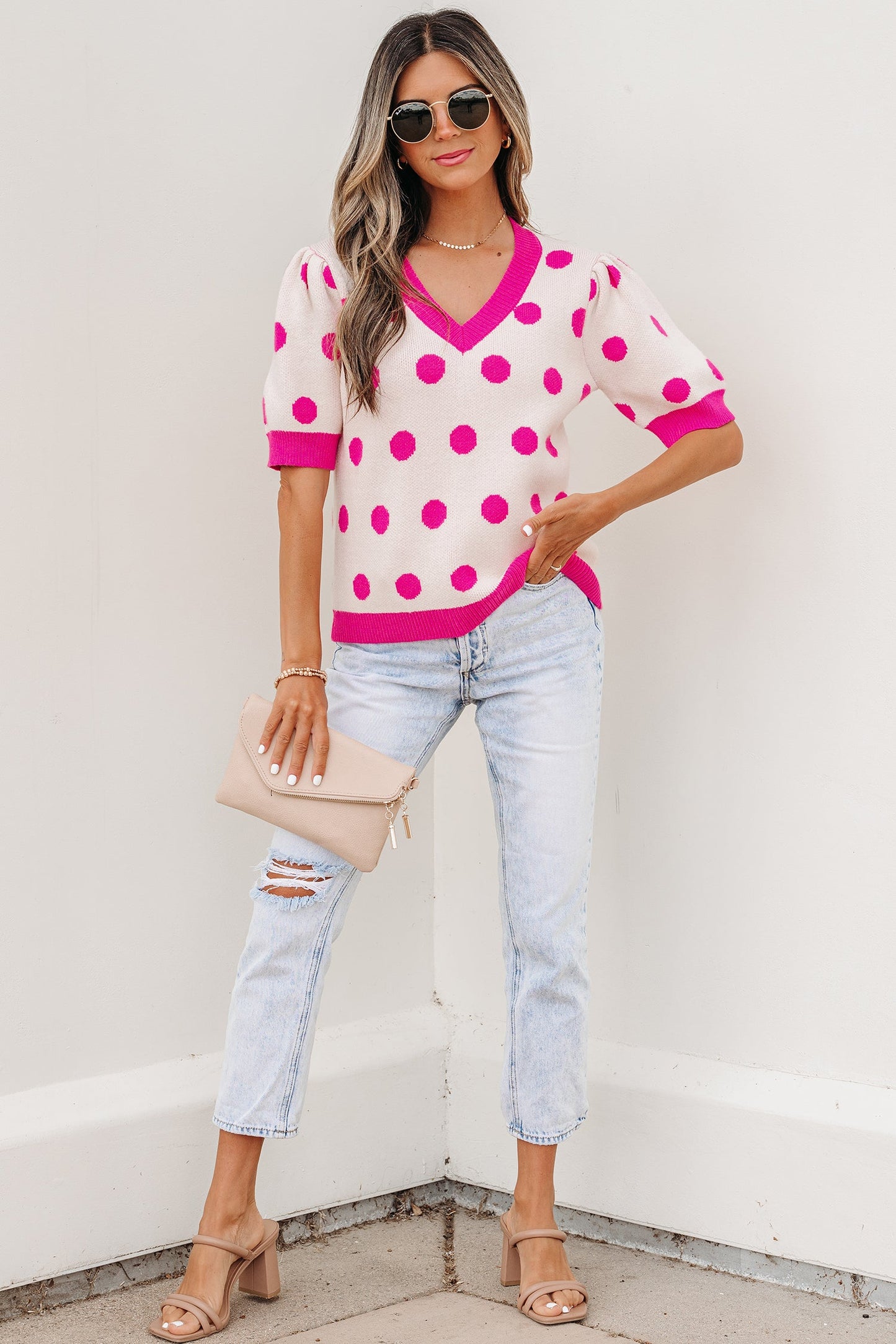 Polka Dot Puff Short Sleeve Sweater Top