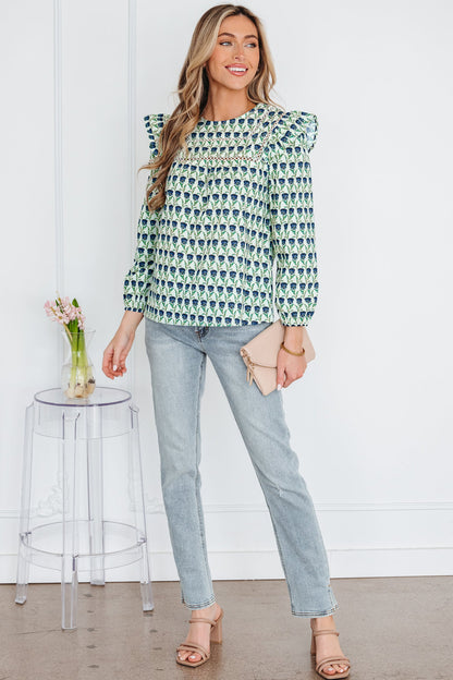 Floral Lace Trim Ruffle Long Sleeve Blouse