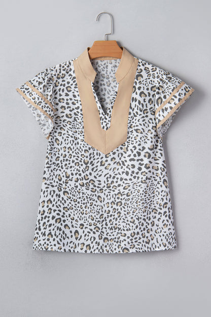 Leopard Colorblock Patchwork V-Neck Cap Sleeve Blouse