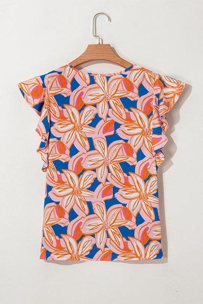 Flower Notch Neck Ruffle Sleeve Blouse