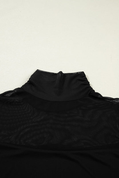 Sheer Mesh Patchwork High Neck Long Sleeve Top