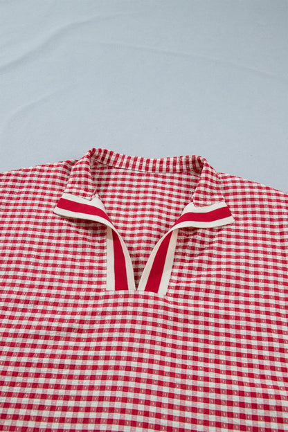 Gingham Plaid Colorblock Trim Split Neck Blouse
