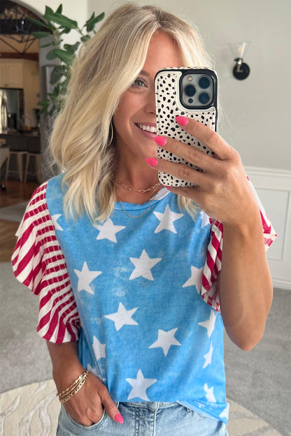 Stars & Stripes Mineral Wash Ruffle Sleeve Top
