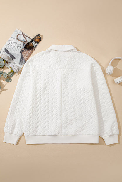 Textured Knit Collared V-Neck Pullover Sweatshirt