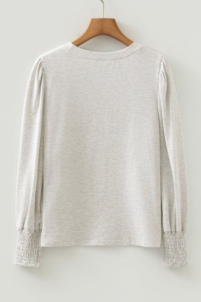 Solid Shirred Peasant Long Puff Sleeve Top