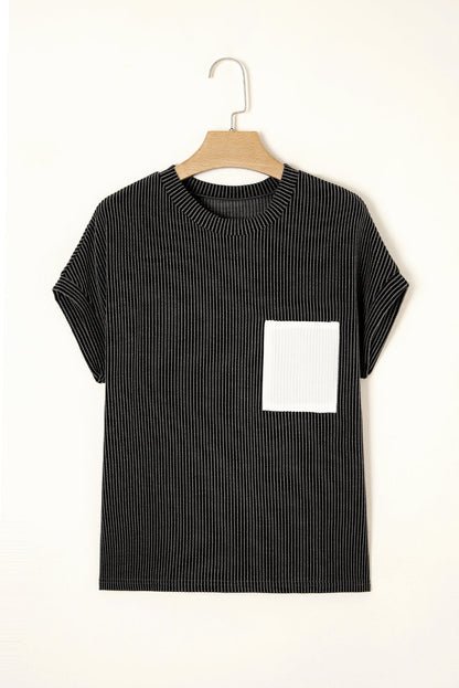 Colorblock Corded Knit Pocketed Crew Neck T-Shirt