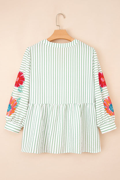 Floral Stripe Puff Sleeve Notched V-Neck Blouse