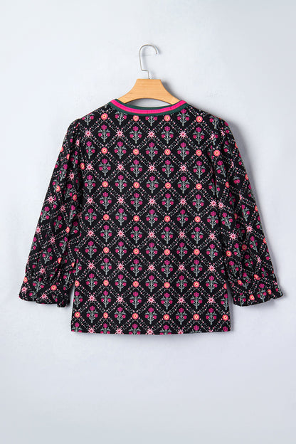 Floral Contrast V-Neck 3/4 Sleeve Blouse