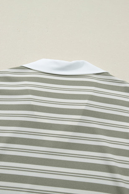 Stripe Collared V-Neck Short Sleeve Midi Dress