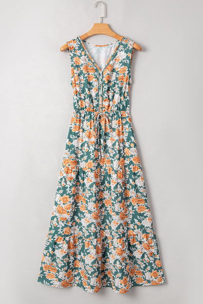 Floral Buttoned V-Neck Tie Waist Maxi Dress